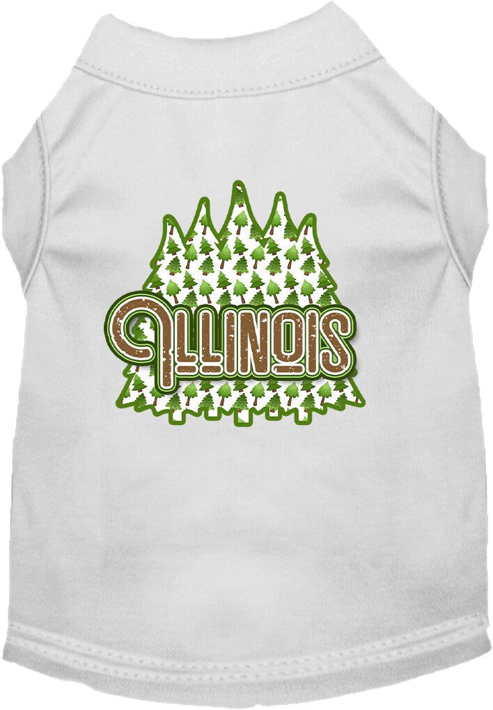 A medium to large pet wearing a stylish screen printed shirt featuring Illinois Woodland Trees design, showcasing comfort and durability.