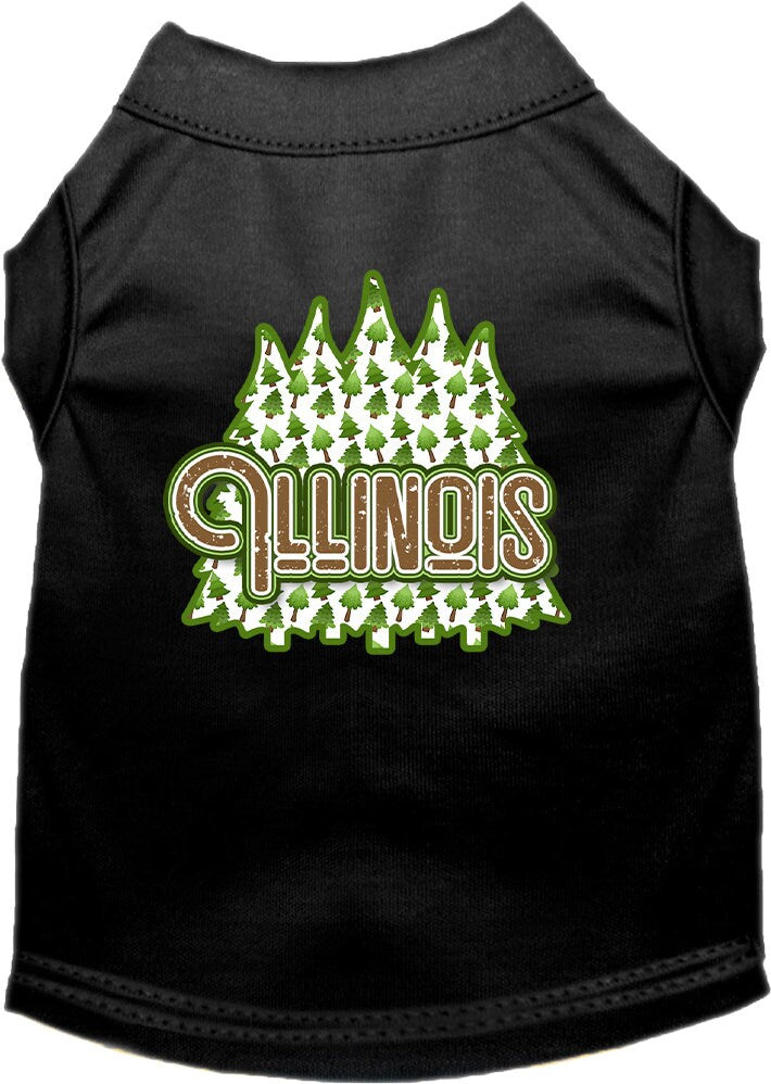 A medium to large pet wearing a stylish screen printed shirt featuring Illinois Woodland Trees design, showcasing comfort and durability.