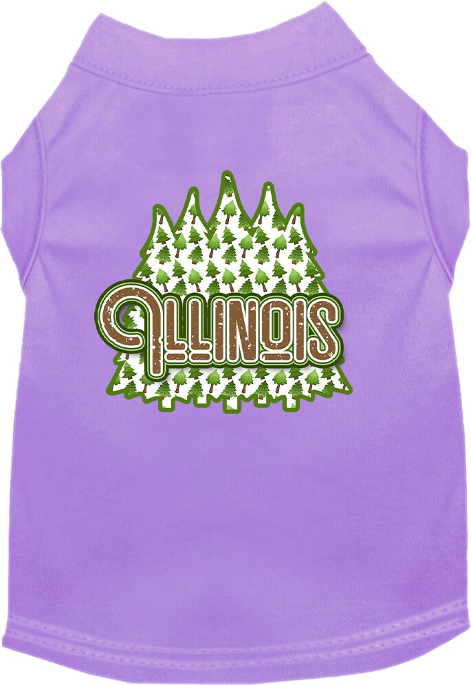 A medium to large pet wearing a stylish screen printed shirt featuring Illinois Woodland Trees design, showcasing comfort and durability.