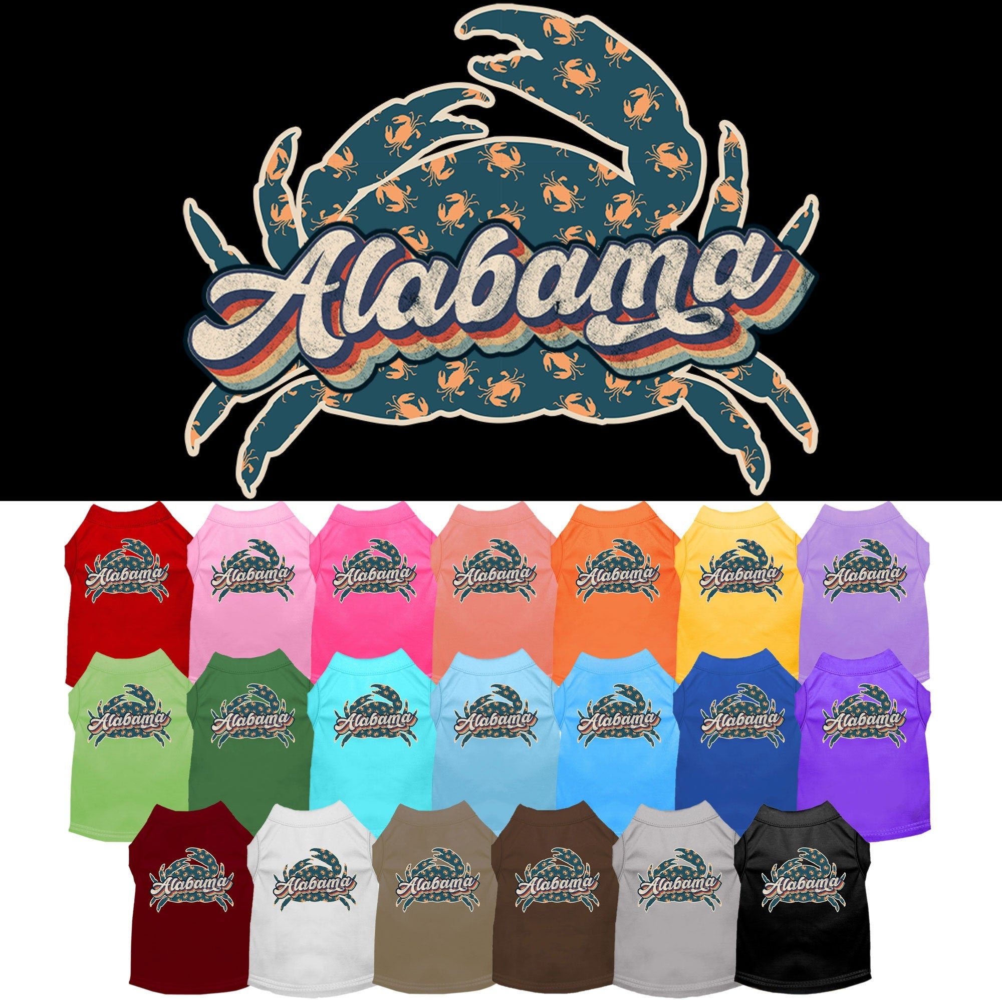 A soft and comfy screen printed shirt for medium to large pets featuring a colorful Alabama Retro Crabs design, perfect for stylish pet owners.