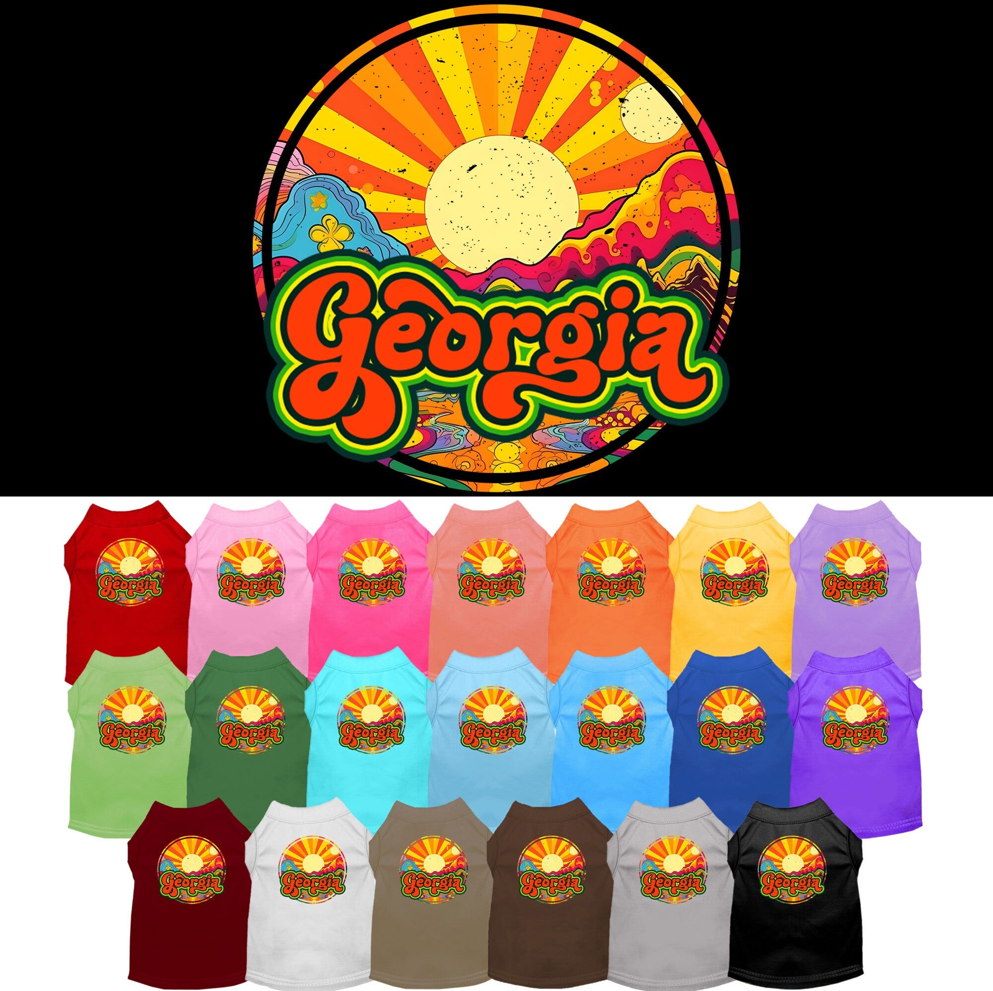 Pet dog and cat screen printed shirt in Georgia Mellow Mountain design, suitable for medium to large pets, showcasing soft fabric and durable stitching.