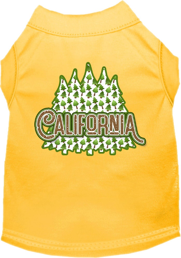 A medium to large pet wearing a soft, screen printed shirt featuring California Woodland Trees design, showcasing comfort and style.