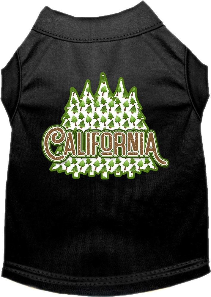 A medium to large pet wearing a soft, screen printed shirt featuring California Woodland Trees design, showcasing comfort and style.