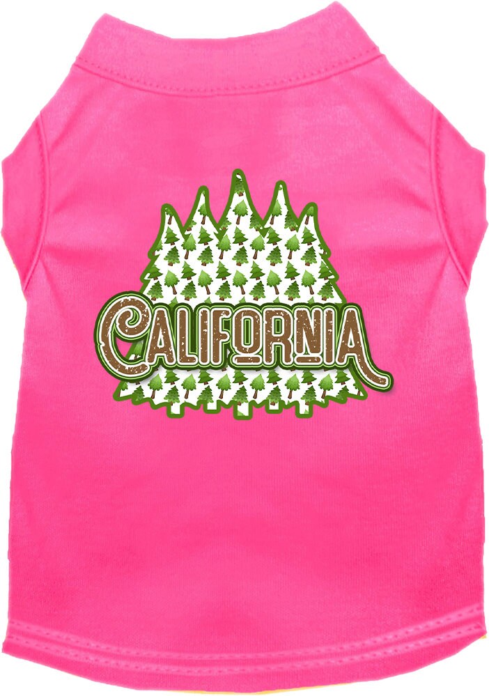 A medium to large pet wearing a soft, screen printed shirt featuring California Woodland Trees design, showcasing comfort and style.