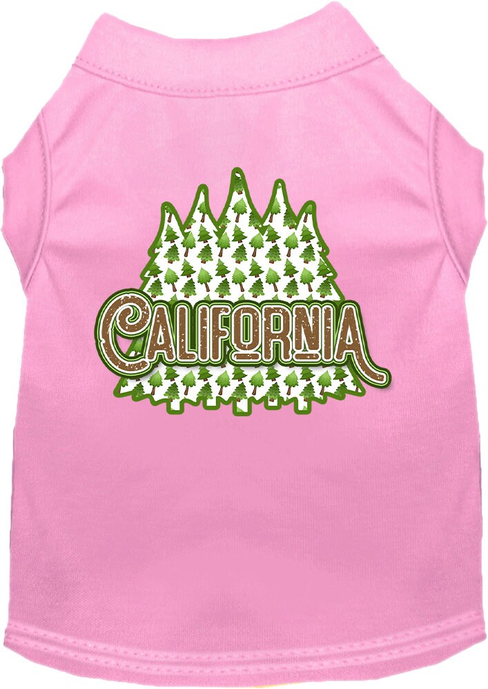 A medium to large pet wearing a soft, screen printed shirt featuring California Woodland Trees design, showcasing comfort and style.