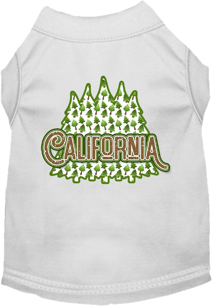 A medium to large pet wearing a soft, screen printed shirt featuring California Woodland Trees design, showcasing comfort and style.