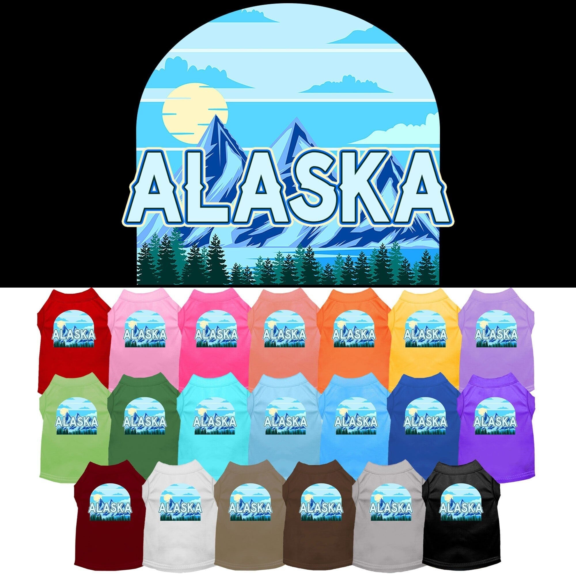 A medium to large pet wearing a stylish screen printed shirt with the 'Alaska Trailblazer' design, showcasing comfort and durability.