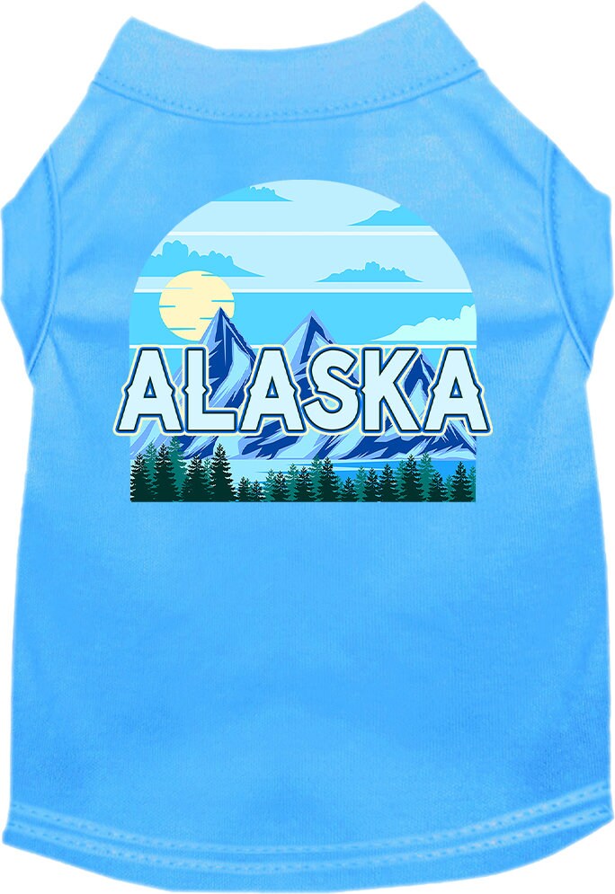 A medium to large pet wearing a stylish screen printed shirt with the 'Alaska Trailblazer' design, showcasing comfort and durability.