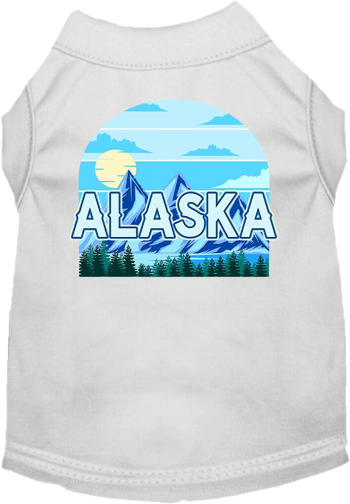 A medium to large pet wearing a stylish screen printed shirt with the 'Alaska Trailblazer' design, showcasing comfort and durability.
