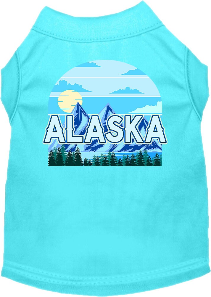 A medium to large pet wearing a stylish screen printed shirt with the 'Alaska Trailblazer' design, showcasing comfort and durability.