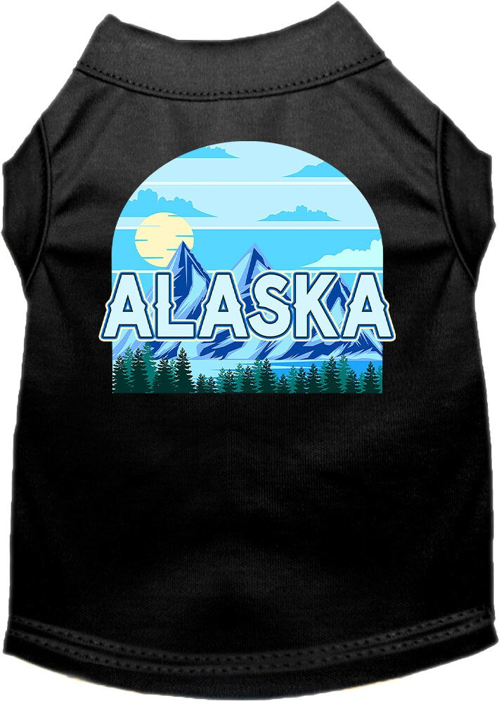 A medium to large pet wearing a stylish screen printed shirt with the 'Alaska Trailblazer' design, showcasing comfort and durability.