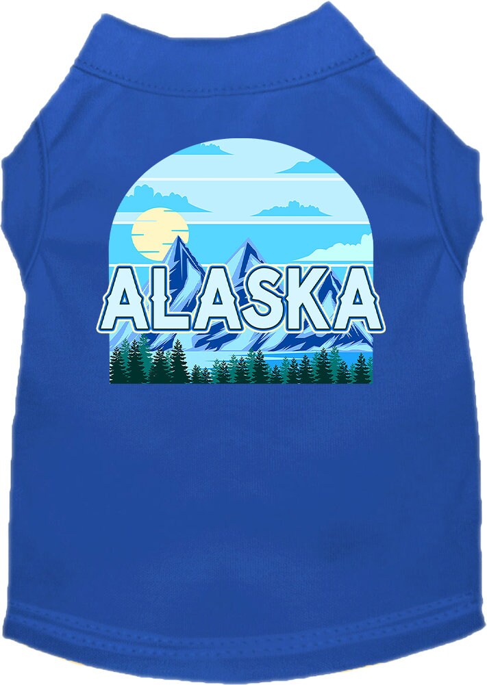 A medium to large pet wearing a stylish screen printed shirt with the 'Alaska Trailblazer' design, showcasing comfort and durability.