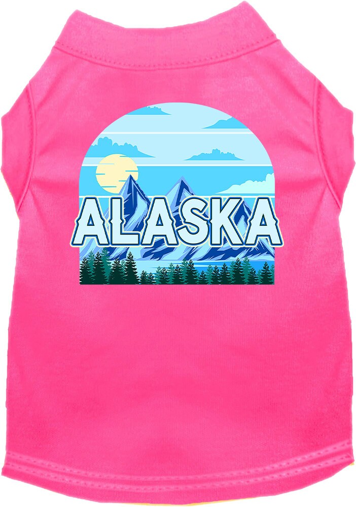 A medium to large pet wearing a stylish screen printed shirt with the 'Alaska Trailblazer' design, showcasing comfort and durability.