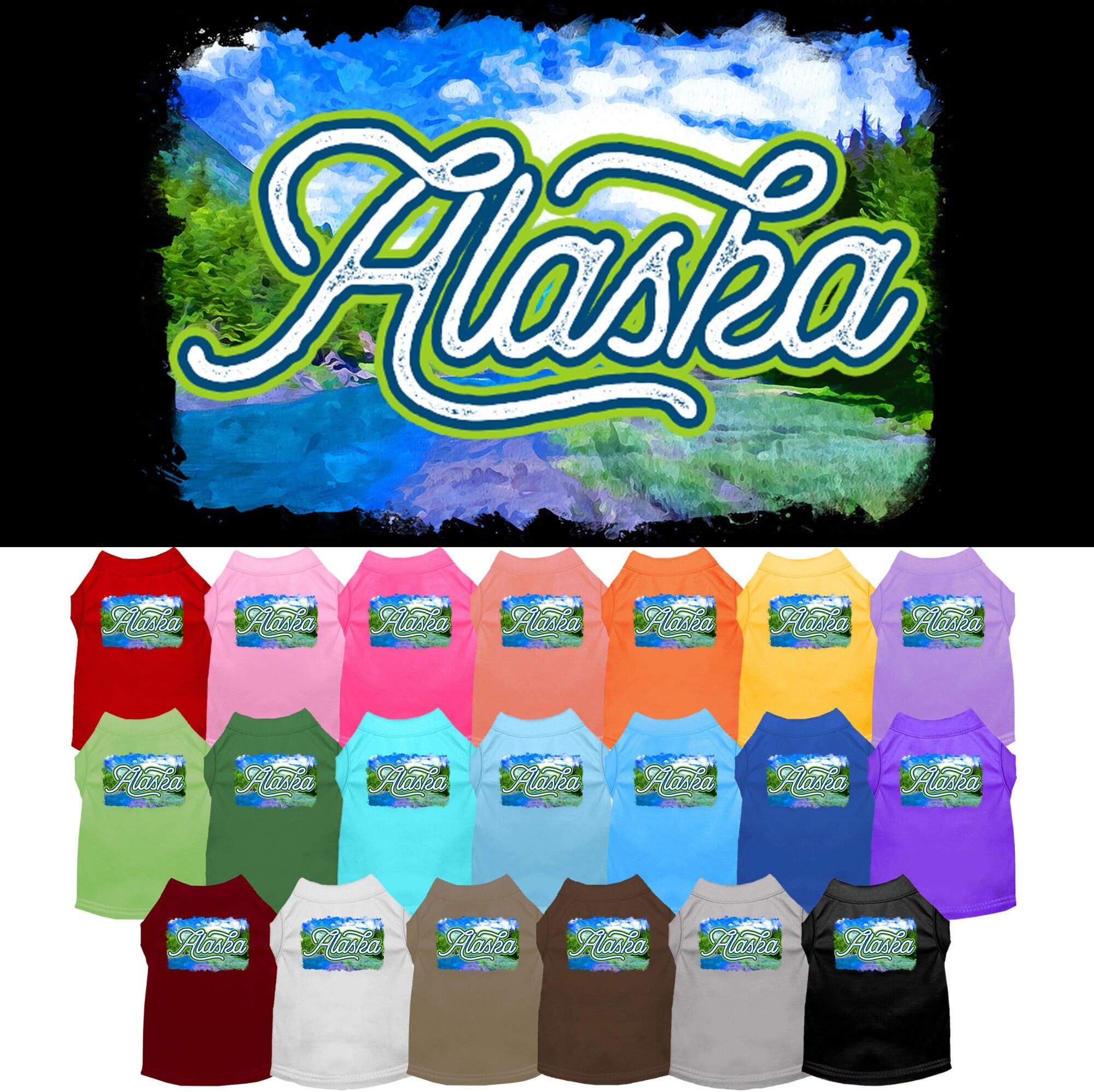 A medium to large pet wearing a soft, screen printed shirt with an 'Alaska Summer' design, showcasing comfort and style.
