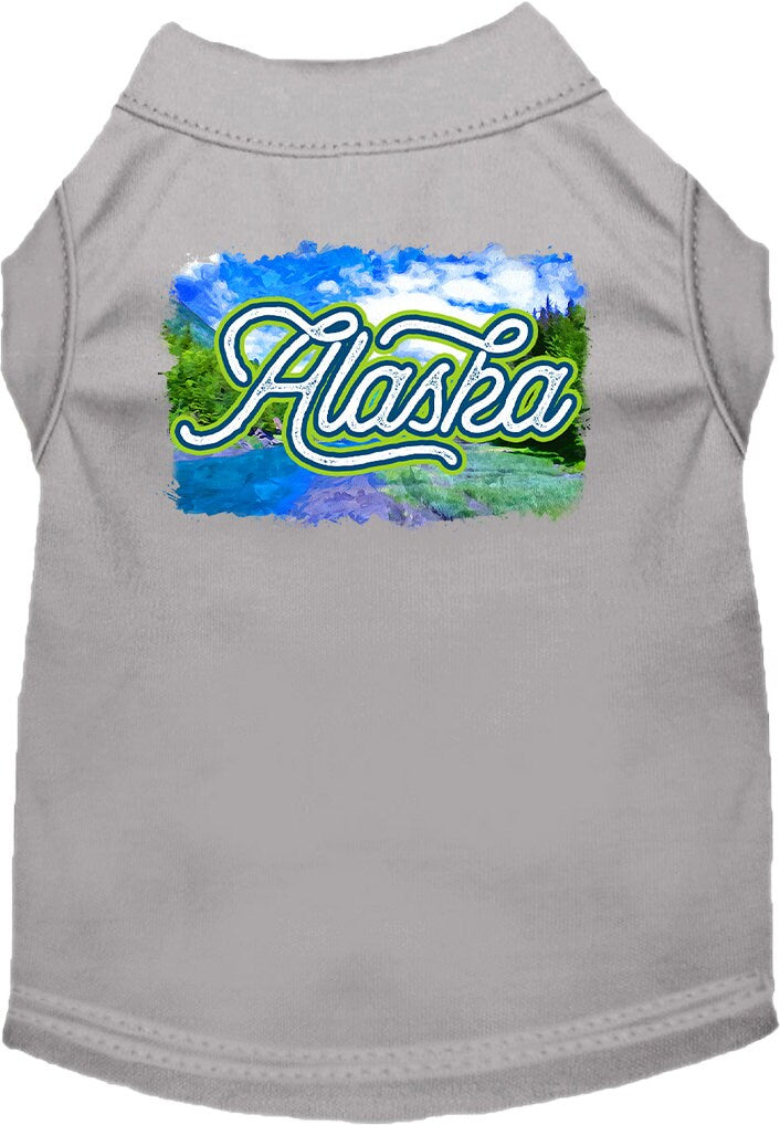 A medium to large pet wearing a soft, screen printed shirt with an 'Alaska Summer' design, showcasing comfort and style.