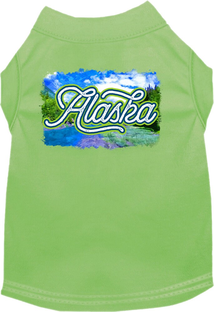 A medium to large pet wearing a soft, screen printed shirt with an 'Alaska Summer' design, showcasing comfort and style.