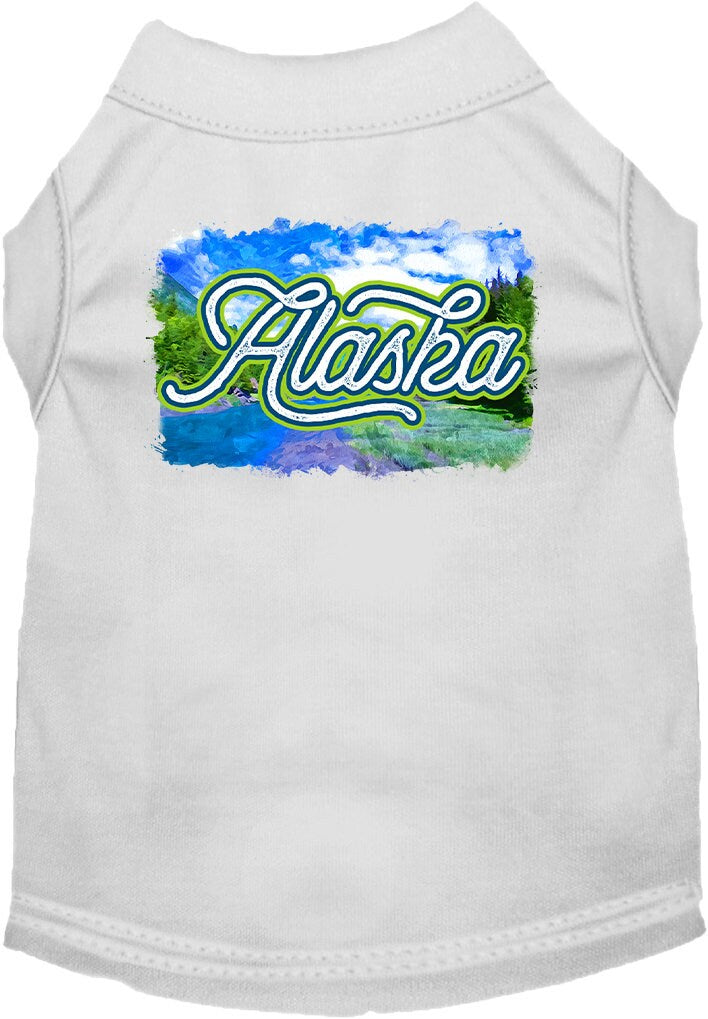 A medium to large pet wearing a soft, screen printed shirt with an 'Alaska Summer' design, showcasing comfort and style.
