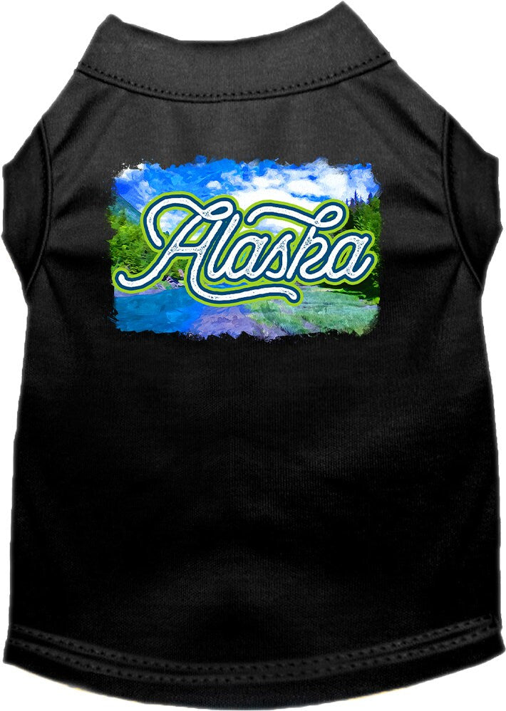 A medium to large pet wearing a soft, screen printed shirt with an 'Alaska Summer' design, showcasing comfort and style.