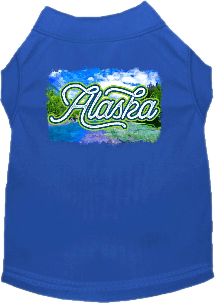 A medium to large pet wearing a soft, screen printed shirt with an 'Alaska Summer' design, showcasing comfort and style.