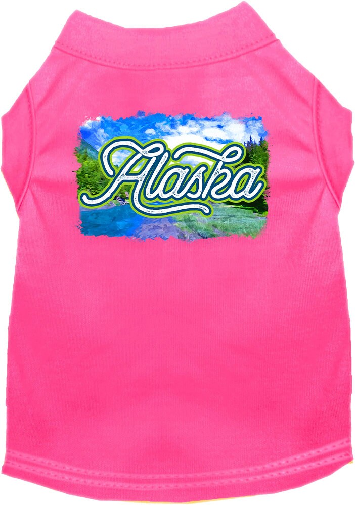 A medium to large pet wearing a soft, screen printed shirt with an 'Alaska Summer' design, showcasing comfort and style.
