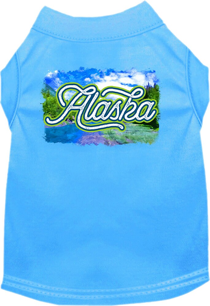 A medium to large pet wearing a soft, screen printed shirt with an 'Alaska Summer' design, showcasing comfort and style.