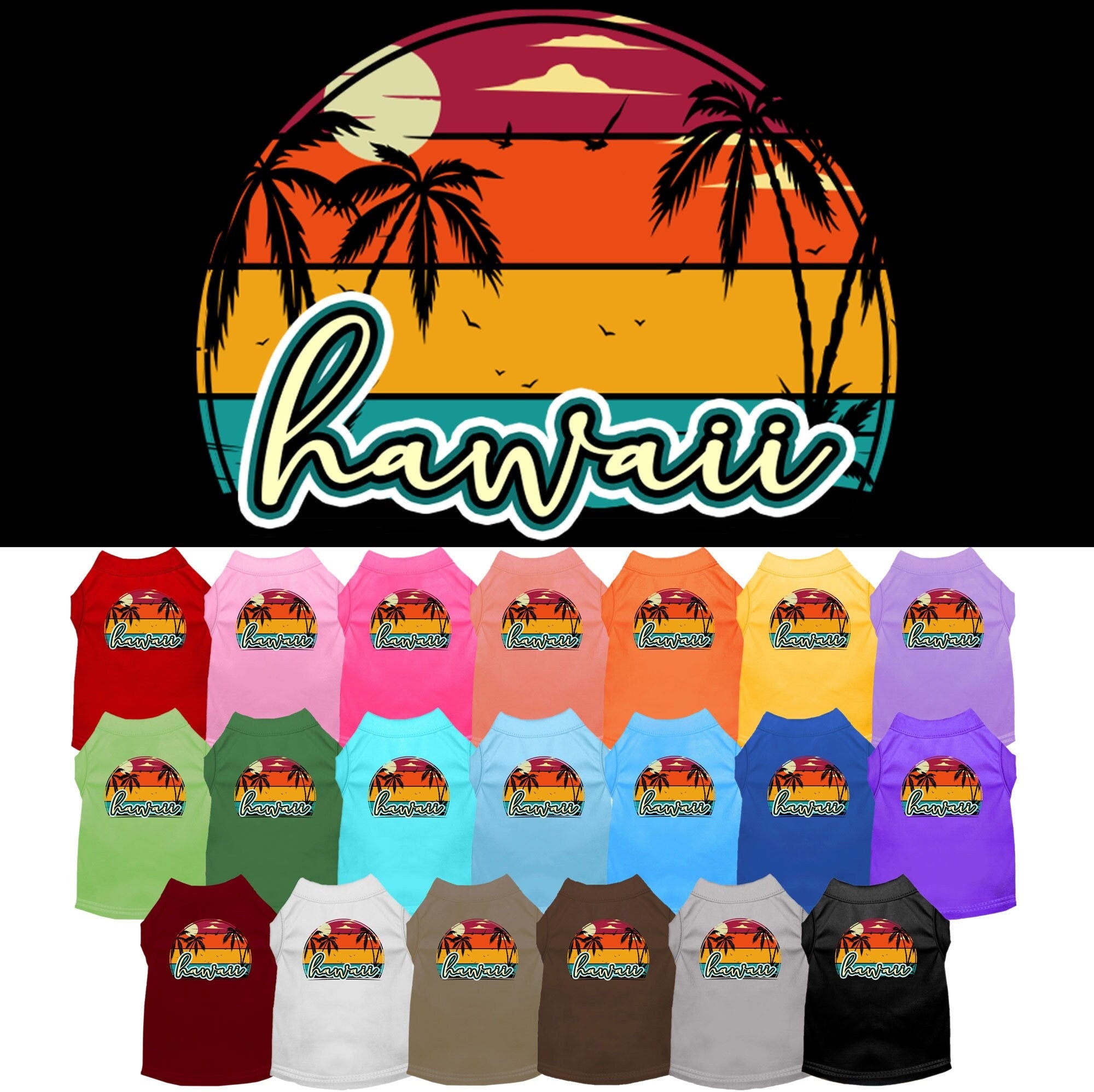 A medium to large pet wearing a colorful Hawaii Retro Beach Sunset shirt, showcasing a vibrant design perfect for summer outings.
