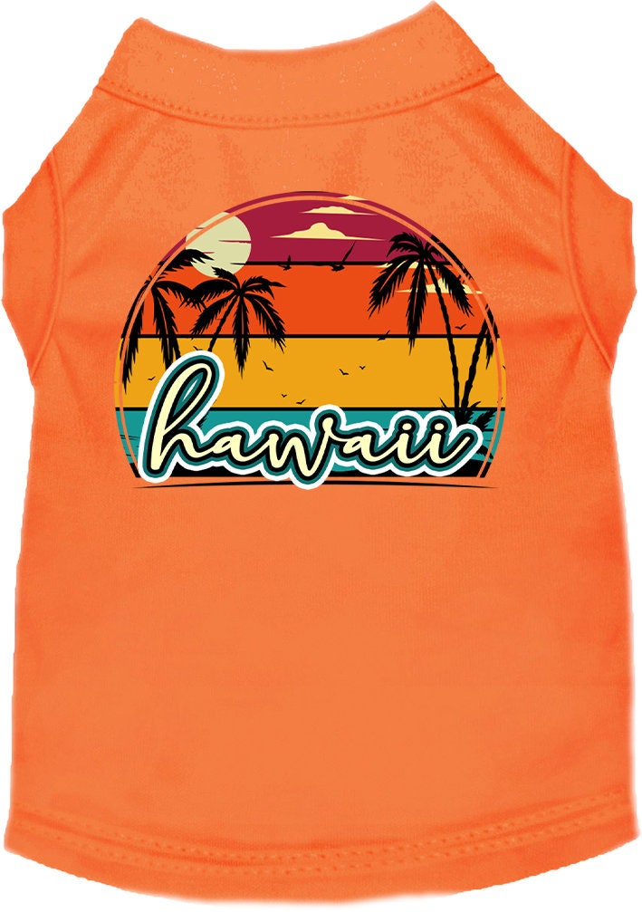 A medium to large pet wearing a colorful Hawaii Retro Beach Sunset shirt, showcasing a vibrant design perfect for summer outings.