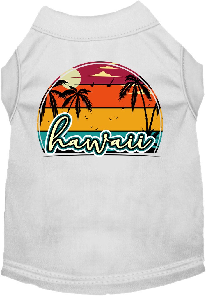 A medium to large pet wearing a colorful Hawaii Retro Beach Sunset shirt, showcasing a vibrant design perfect for summer outings.
