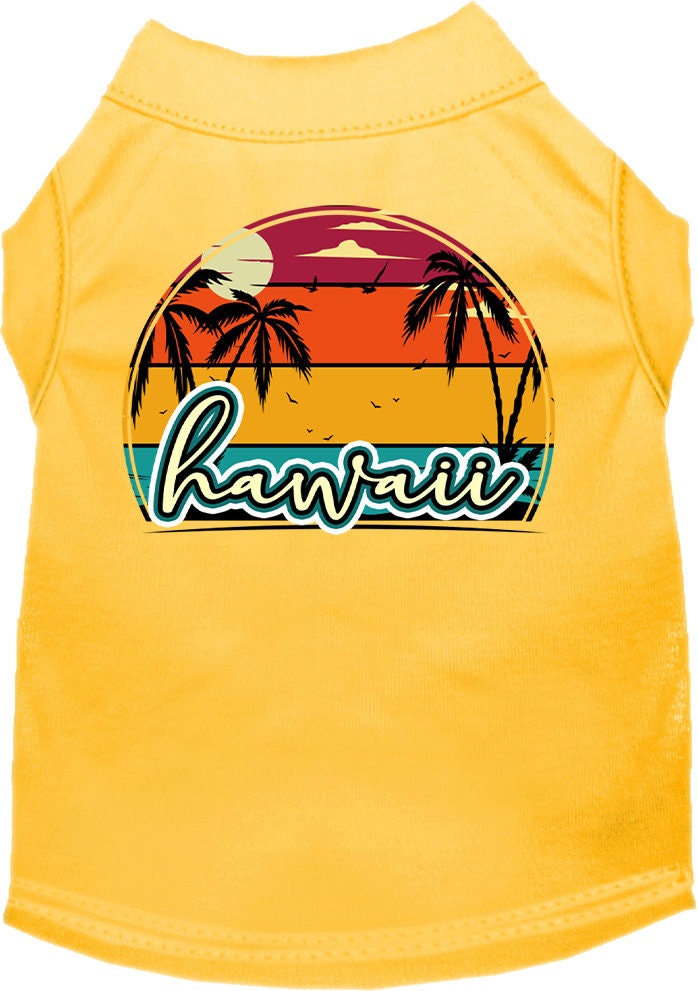 A medium to large pet wearing a colorful Hawaii Retro Beach Sunset shirt, showcasing a vibrant design perfect for summer outings.