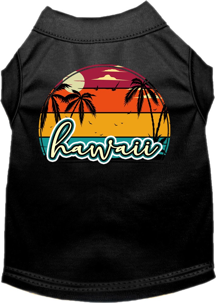 A medium to large pet wearing a colorful Hawaii Retro Beach Sunset shirt, showcasing a vibrant design perfect for summer outings.