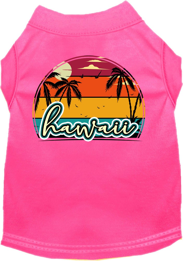 A medium to large pet wearing a colorful Hawaii Retro Beach Sunset shirt, showcasing a vibrant design perfect for summer outings.