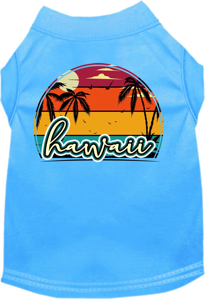 A medium to large pet wearing a colorful Hawaii Retro Beach Sunset shirt, showcasing a vibrant design perfect for summer outings.