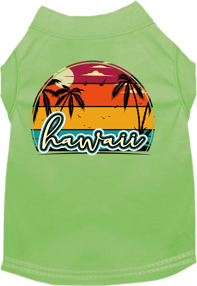 A medium to large pet wearing a colorful Hawaii Retro Beach Sunset shirt, showcasing a vibrant design perfect for summer outings.