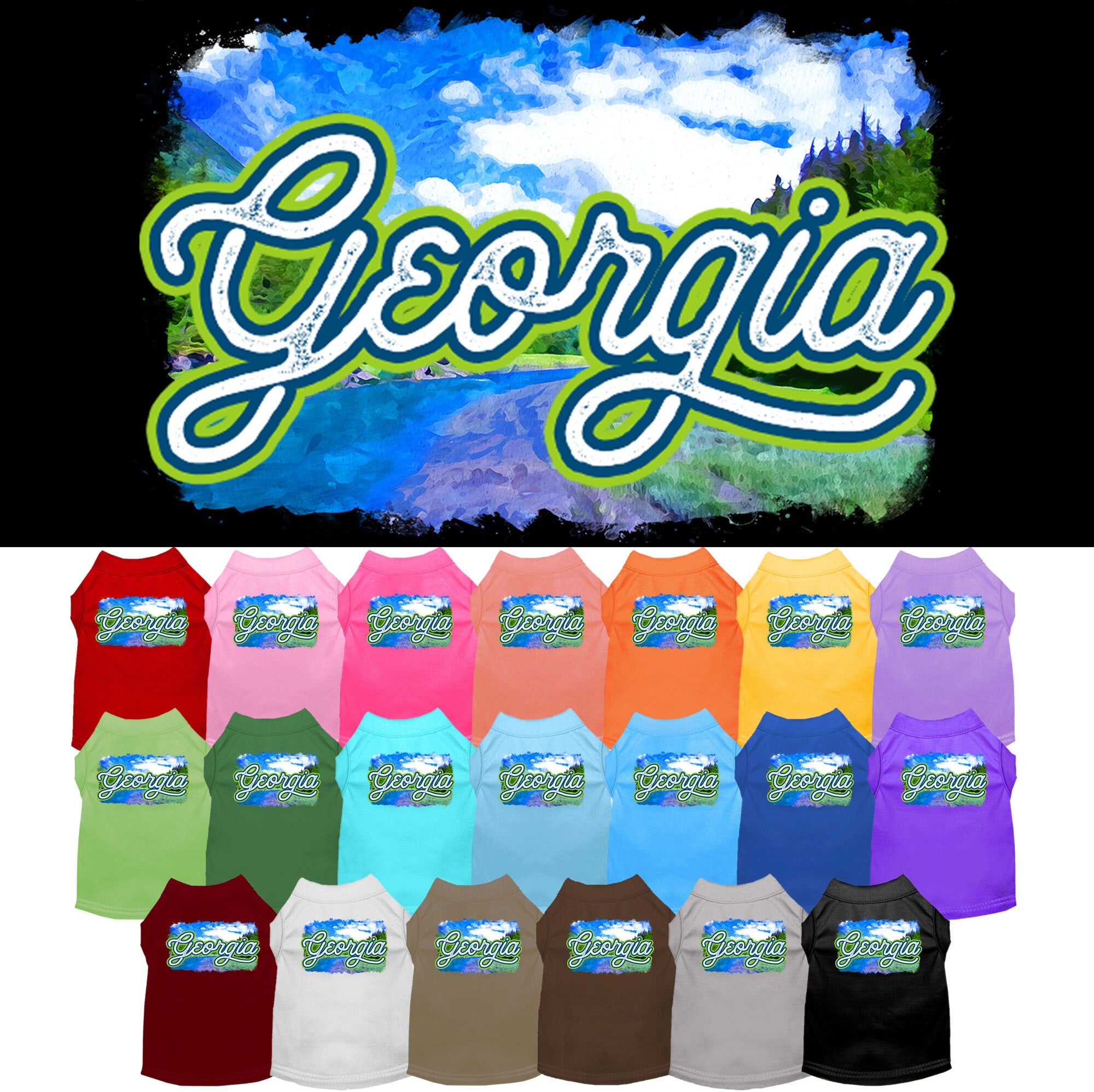 A soft and comfy screen printed shirt for medium to large dogs and cats, featuring a vibrant 'Georgia Summer' design, showcasing its double-stitched durability.