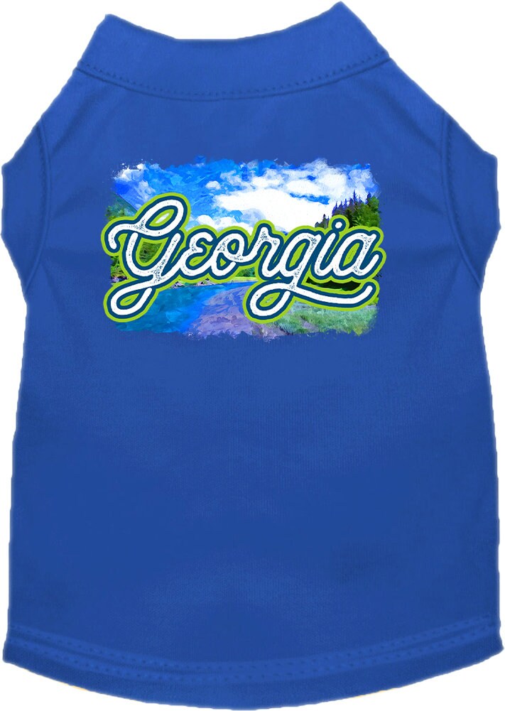A soft and comfy screen printed shirt for medium to large dogs and cats, featuring a vibrant 'Georgia Summer' design, showcasing its double-stitched durability.