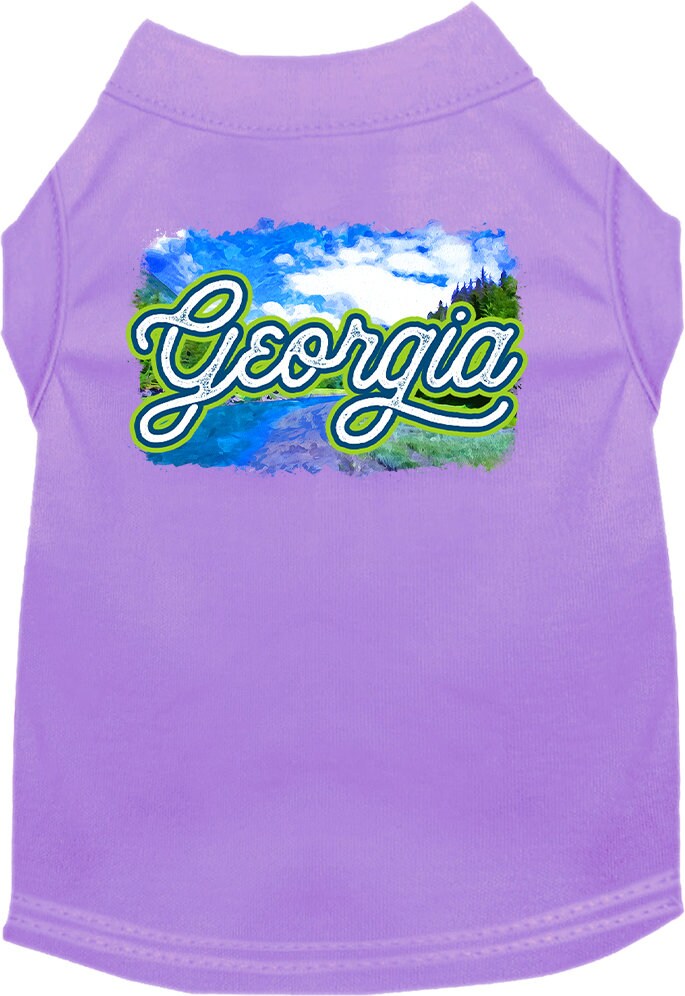 A soft and comfy screen printed shirt for medium to large dogs and cats, featuring a vibrant 'Georgia Summer' design, showcasing its double-stitched durability.
