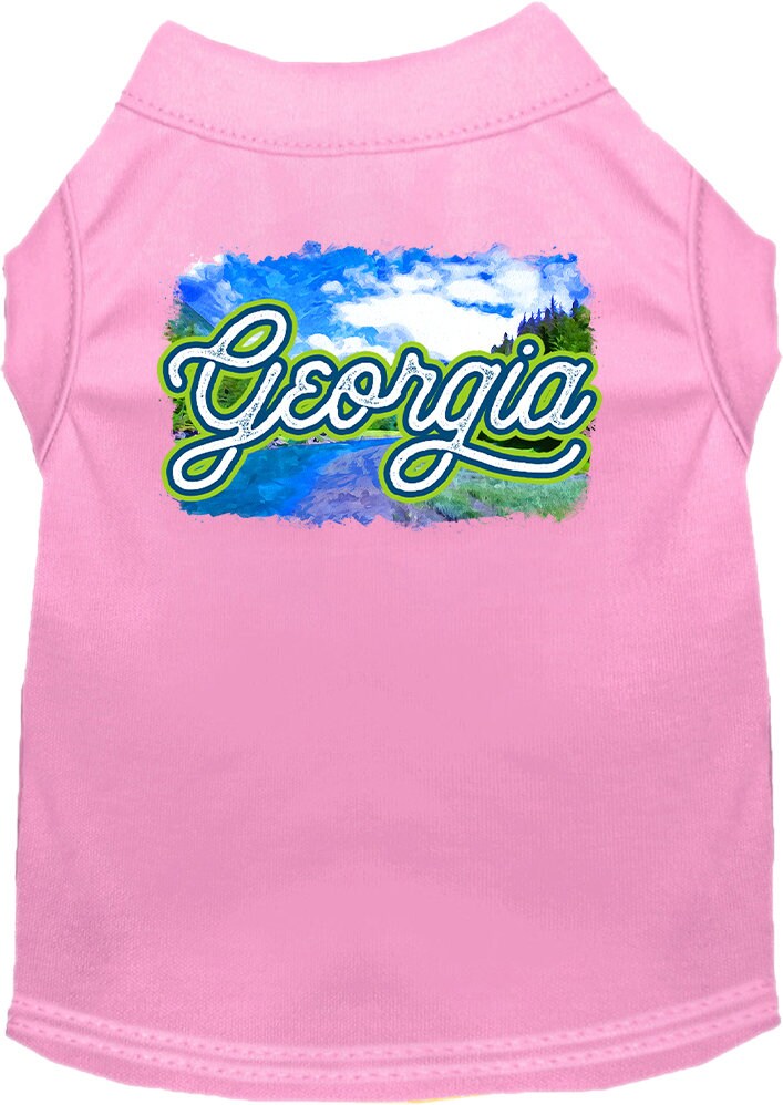 A soft and comfy screen printed shirt for medium to large dogs and cats, featuring a vibrant 'Georgia Summer' design, showcasing its double-stitched durability.