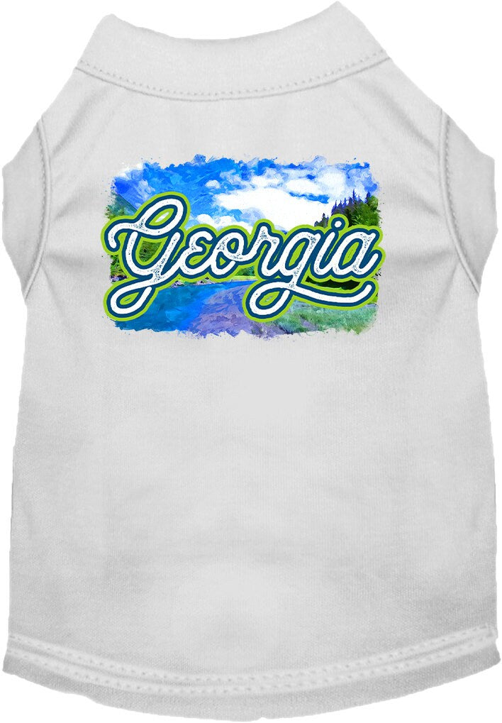 A soft and comfy screen printed shirt for medium to large dogs and cats, featuring a vibrant 'Georgia Summer' design, showcasing its double-stitched durability.