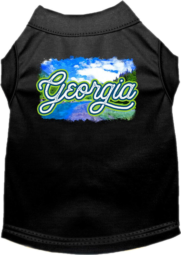 A soft and comfy screen printed shirt for medium to large dogs and cats, featuring a vibrant 'Georgia Summer' design, showcasing its double-stitched durability.