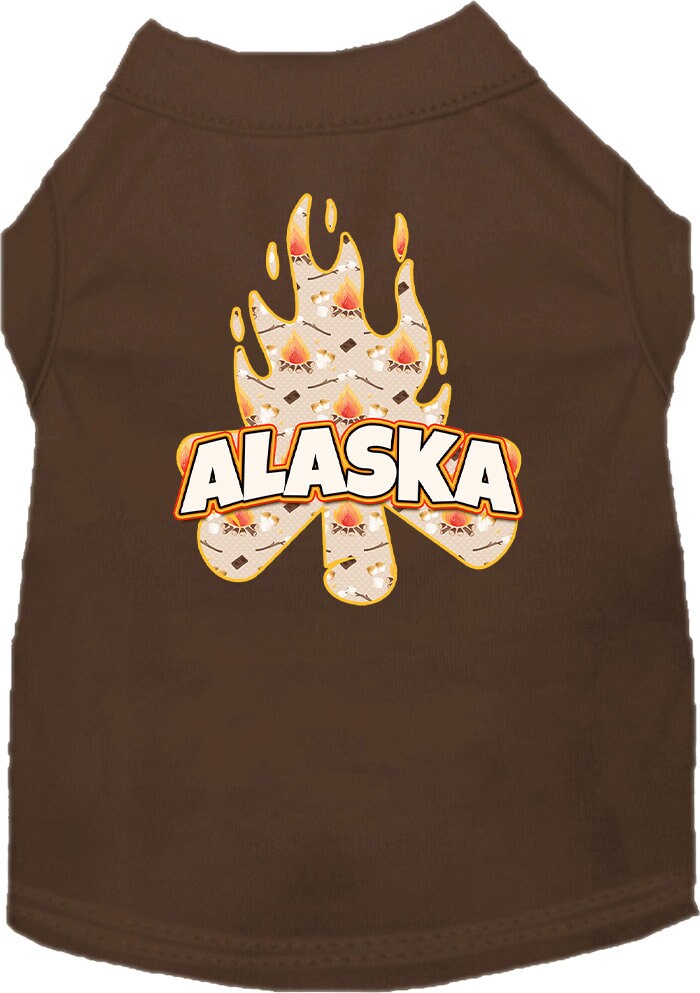 A medium to large pet wearing a soft, screen printed shirt featuring the 'Alaska Around The Campfire' design, showcasing comfort and style.