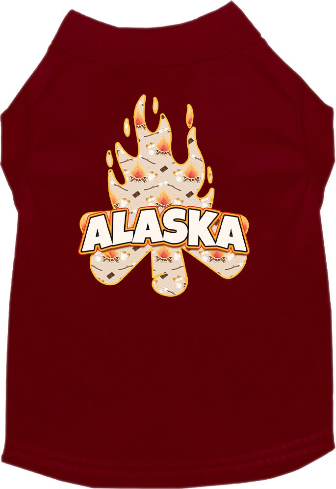 A medium to large pet wearing a soft, screen printed shirt featuring the 'Alaska Around The Campfire' design, showcasing comfort and style.