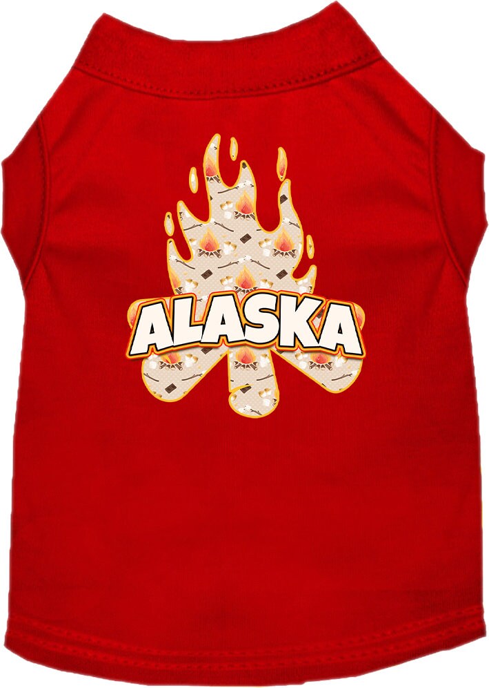 A medium to large pet wearing a soft, screen printed shirt featuring the 'Alaska Around The Campfire' design, showcasing comfort and style.