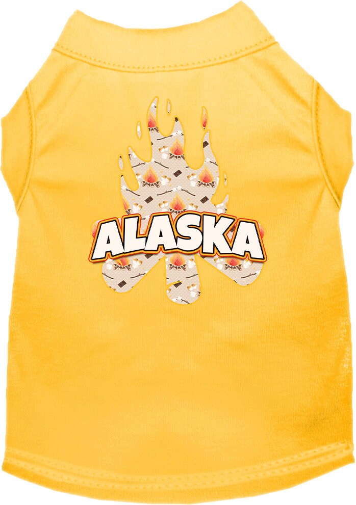 A medium to large pet wearing a soft, screen printed shirt featuring the 'Alaska Around The Campfire' design, showcasing comfort and style.