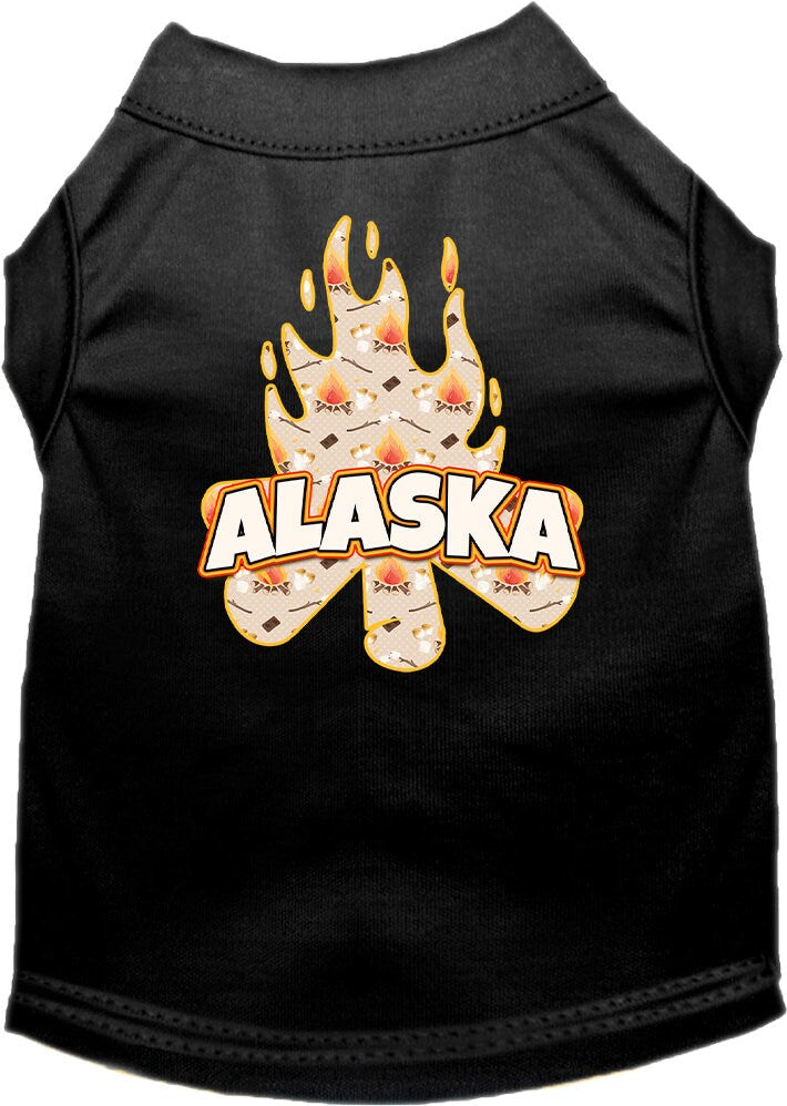 A medium to large pet wearing a soft, screen printed shirt featuring the 'Alaska Around The Campfire' design, showcasing comfort and style.