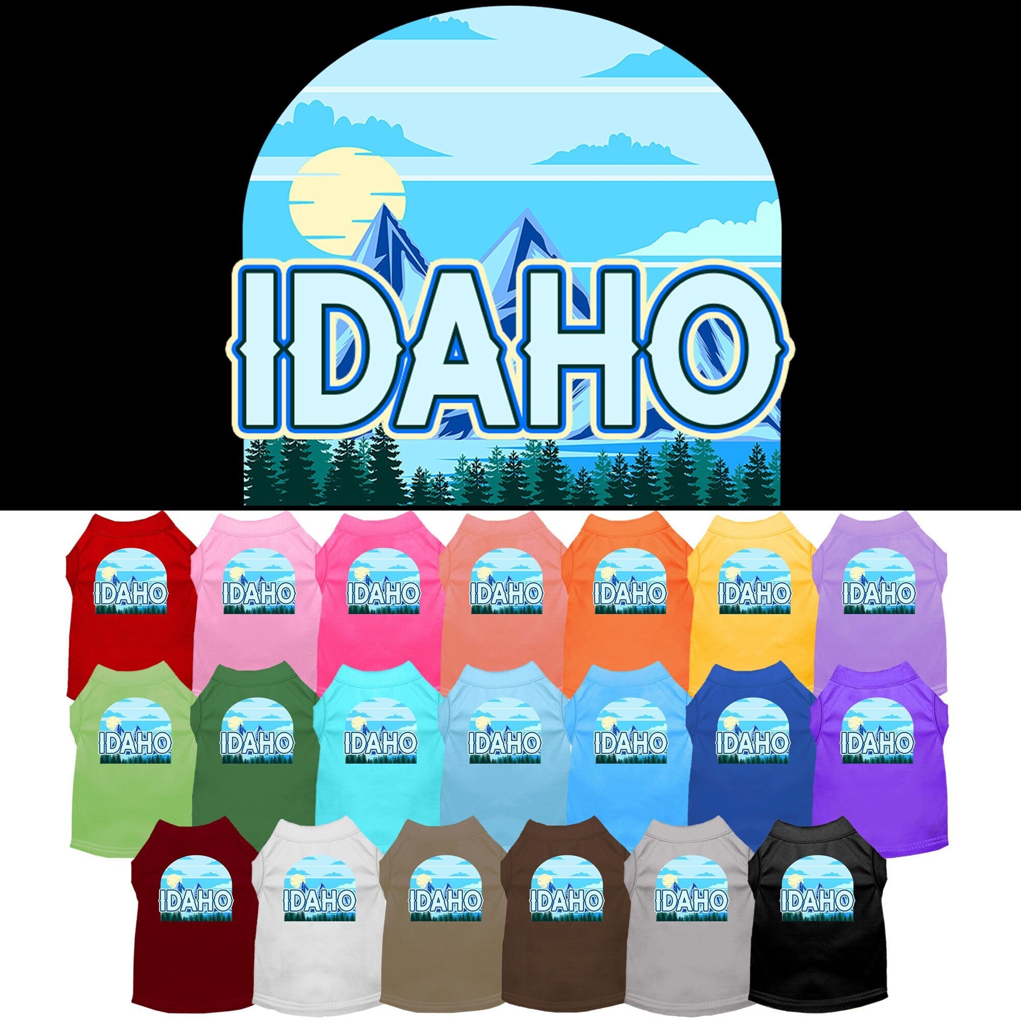 A medium to large pet wearing a stylish Idaho Trailblazer screen printed shirt, showcasing its soft fabric and durable design.