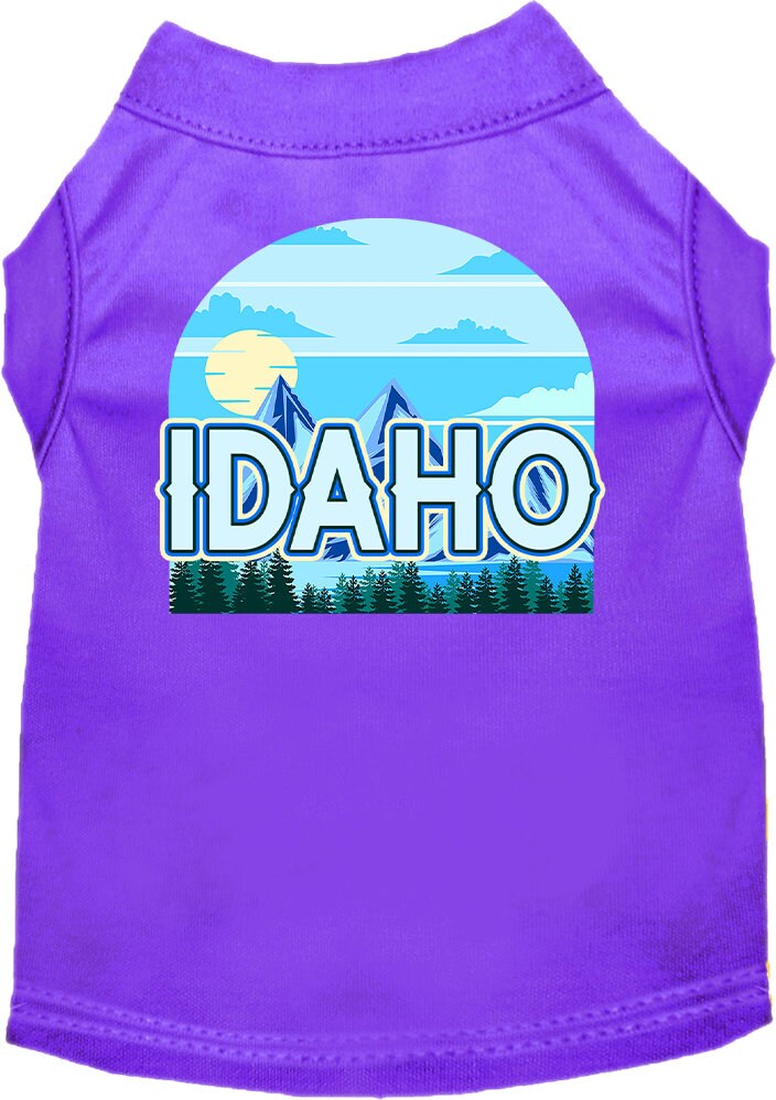 A medium to large pet wearing a stylish Idaho Trailblazer screen printed shirt, showcasing its soft fabric and durable design.