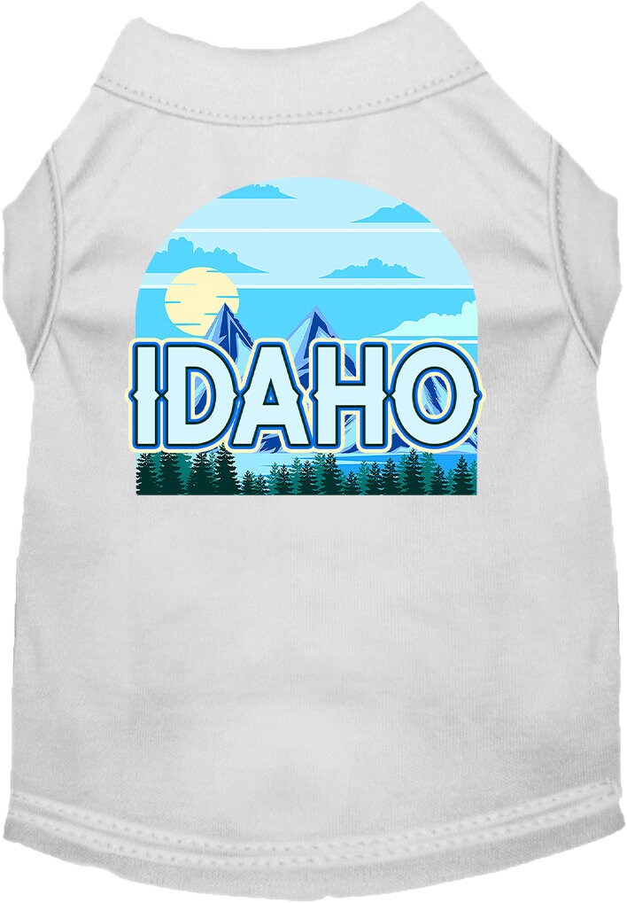 A medium to large pet wearing a stylish Idaho Trailblazer screen printed shirt, showcasing its soft fabric and durable design.