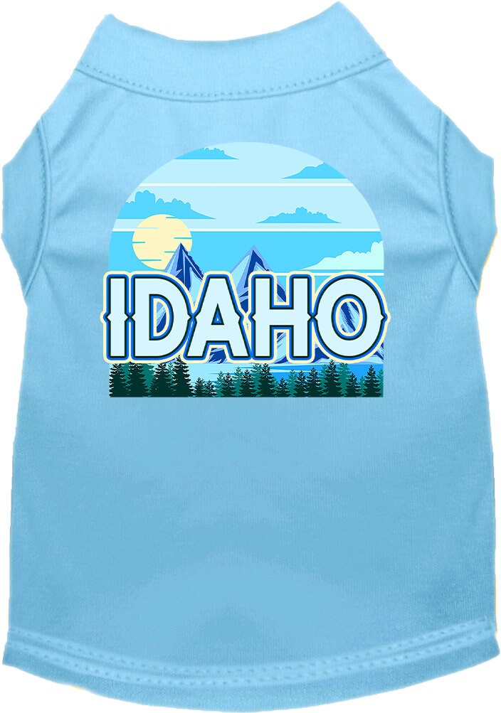 A medium to large pet wearing a stylish Idaho Trailblazer screen printed shirt, showcasing its soft fabric and durable design.