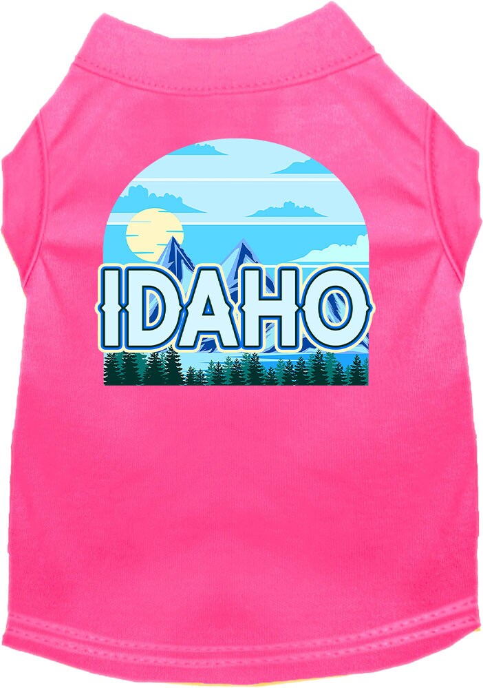 A medium to large pet wearing a stylish Idaho Trailblazer screen printed shirt, showcasing its soft fabric and durable design.