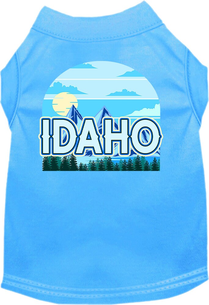A medium to large pet wearing a stylish Idaho Trailblazer screen printed shirt, showcasing its soft fabric and durable design.